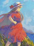  1girl blue_sky brown_hair closed_mouth day dress feet_out_of_frame from_side ge_dazuo green_eyes hand_on_own_hip hat hat_ribbon highres long_hair original outdoors profile red_dress red_ribbon ribbon short_sleeves sky solo standing very_long_hair white_hat 