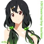  album_cover alternate_hairstyle bare_shoulders black_hair bodypaint brown_eyes character_single cover dress duplicate hair_bobbles hair_ornament hairclip instrument k-on! long_hair looking_at_viewer nakano_azusa nanao_(mahaya) simple_background solo twintails 