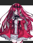  1girl baobhan_sith_(fate) baobhan_sith_(first_ascension)_(fate) bare_shoulders breasts detached_sleeves dress drill_hair earrings fang fate/grand_order fate_(series) frilled_dress frills grey_background grey_eyes hair_ornament hand_on_own_chest hand_up highres jewelry lechiennoir long_hair looking_at_viewer pink_hair pointy_ears red_dress sidelocks solo two-tone_background white_background 