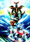  belt electricity glowing glowing_eyes horns irisu_haniwa kamen_rider kamen_rider_kabuto kamen_rider_kabuto_(series) multiple_boys multiple_persona 