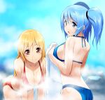  2girls back bent_over bikini blonde_hair blue_eyes blue_hair breasts cosmic_break crimrose crimrose_swm holding holding_towel large_breasts lily_rain lily_rain_swm liquid long_hair looking_at_viewer looking_back multiple_girls official_art open_mouth red_eyes smile string_bikini swimsuit towel twintails wakaba_sprout 