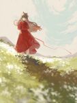  1girl arm_behind_back blurry blurry_foreground brown_hair commentary day dress fisheye floating_hair ge_dazuo green_eyes highres horns long_hair looking_at_viewer mountainous_horizon original outdoors red_dress red_horns red_ribbon ribbon short_sleeves solo standing wide_shot wind 