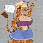 anthro big_breasts big_butt breasts butt cleavage clothed clothing digital_media_(artwork) eyewear female giraffe giraffid glasses hair hi_res horn humanoid long_neck mammal miss_bliss_(mhdrawin) ponytail red_breadd simple_background smile solo spots tail text thick_thighs underwear visible_underwear wide_hips