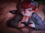  1girl ass blue_hair censored controller fellatio fluffydango freckles game_controller glasses grey_eyes hetero highres holding holding_controller hood hoodie mosaic_censoring multicolored_hair oral penis penny_(pokemon) playing_games pokemon pokemon_sv red_hair round_eyewear saliva short_hair testicles two-tone_hair 