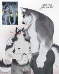 anthro blush bulge canid canine canis clothed clothing dialogue domestic_dog duo erection erection_under_clothing genital_outline hi_res husky larger_male male male/male mammal muscular muscular_anthro muscular_male nastybearz navel nipples nordic_sled_dog pecs size_difference smaller_male spitz sweatpants topless topless_male wolf yellow_sclera