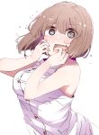  1girl @_@ brown_hair buttons character_request copyright_request dress floating_hair hand_on_own_cheek hand_on_own_face highres nyoijizai open_mouth short_hair simple_background sleeveless sleeveless_dress solo wavy_mouth white_background white_dress 
