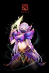 1girl absurdres breasts cleavage copyright_name dota_(series) dota_2 energy_blade english_commentary flower green_eyes hair_flower hair_ornament highres jokanhiyou long_hair looking_at_viewer mask medium_breasts midriff mouth_mask navel ninja_mask purple_hair solo sparkle templar_assassin_(dota) upper_body 