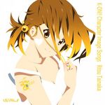  album_cover alternate_hairstyle bare_shoulders bodypaint brown_hair character_single cover dress facepaint instrument k-on! nanao_(mahaya) short_hair side_ponytail simple_background solo strap_slip tainaka_ritsu yellow_eyes 