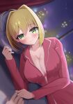  1girl absurdres ahoge blonde_hair blush breasts cleavage fate/extra fate_(series) green_eyes hair_between_eyes hair_intakes highres homeabout large_breasts looking_at_viewer lying nero_claudius_(fate) nightgown on_bed on_side pov pov_across_bed red_nightgown smile 