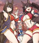  3girls :d akagi_(azur_lane) alternate_hairstyle amagi_(azur_lane) animal_ears azur_lane bare_shoulders between_legs blue_dress blue_eyes blush breasts brown_hair cape cleavage clenched_hands clothing_cutout cosplay dress eyeshadow fang fighting_stance fingerless_gloves fire fox_ears fox_girl fox_tail from_side gauntlets gloves hair_between_eyes hair_ornament hair_over_one_eye hairclip hand_between_legs hand_up highres hip_focus holding holding_sword holding_weapon javelin_(a_legend_is_born?!)_(azur_lane) javelin_(azur_lane) javelin_(azur_lane)_(cosplay) kaga_(azur_lane) kitsune large_breasts long_hair makeup medium_hair midriff multiple_girls multiple_tails navel orange_eyes oukama outdoors purple_eyes pyrokinesis red_cape red_eyeshadow red_shorts revealing_clothes short_shorts shorts sideless_outfit skindentation smile sword tail thigh_strap thighs twintails unamused underboob underboob_cutout very_long_hair weapon white_hair z23_(azur_lane) z23_(azur_lane)_(cosplay) z23_(upgrade_failure?!)_(azur_lane) 
