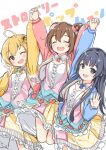  3girls :d ahoge arms_up blonde_hair blue_eyes blue_hair blue_jacket blunt_bangs blunt_ends blush breasts brown_hair closed_eyes dot_nose double-parted_bangs flipped_hair hair_between_eyes heart-shaped_ornament holding_hands ibuki_tsubasa idolmaster idolmaster_million_live! idolmaster_million_live!_theater_days interlocked_fingers jacket jumping kasuga_mirai kuresuku_(lessons) layered_skirt letterman_jacket long_hair looking_at_viewer mogami_shizuka multiple_girls official_alternate_costume one_eye_closed open_mouth pink_jacket red_eyes short_hair side_ponytail sidelocks simple_background skirt small_breasts smile v waving yellow_jacket 
