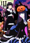  black_hair crossover food gokou_ruri green_eyes halloween hime_cut honekoneko_(psg) jack-o'-lantern long_hair look-alike mole mole_under_eye multicolored_hair multiple_girls nanahime ore_no_imouto_ga_konna_ni_kawaii_wake_ga_nai panty_&amp;_stocking_with_garterbelt pitchfork pumpkin pumpkin_hat purple_eyes stocking_(psg) striped striped_legwear sweets thighhighs two-tone_hair 