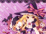  bad_id bad_pixiv_id blonde_hair boots bow braid breasts brown_eyes candy chin_rest cleavage food gloves grin hair_bow halloween hat high_heels kirisame_marisa lollipop long_hair lying medium_breasts nunucco on_stomach shoes smile solo star striped striped_legwear thighhighs touhou witch witch_hat 