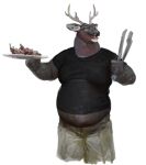 2024 anthro antlers belly black_clothing black_shirt black_topwear bottomwear cettus clothed clothing deer food fully_clothed fur grey_body grey_fur holding_object holding_plate horn male mammal meat open_mouth overweight overweight_anthro overweight_male pants plate shirt simple_background smile solo standing tongs tools topwear white_background