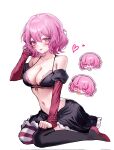  1girl :p black_bra black_skirt black_thighhighs bra breasts chewing_gum closed_mouth hair_between_eyes highres indie_utaite lie_07 long_sleeves looking_at_viewer medium_breasts navel nqrse pink_eyes pink_hair red_sleeves short_hair skirt smile solo stomach striped_clothes striped_thighhighs thighhighs tongue tongue_out underwear utaite 