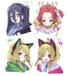  4girls animal_ear_headphones animal_ears aris_(blue_archive) blonde_hair blue_archive blue_eyes blue_hair blue_necktie blush cat_ear_headphones collared_shirt cropped_head doodle_sensei_(blue_archive) double-parted_bangs fake_animal_ears forehead game_development_department_(blue_archive) green_eyes halo headphones highres jacket loah_66 long_hair long_hair_between_eyes looking_at_viewer medium_hair midori_(blue_archive) momoi_(blue_archive) multiple_girls necktie off_shoulder one_side_up open_clothes open_jacket pink_eyes red_hair ringed_eyes round_teeth sensei_(blue_archive) shirt teeth white_background white_shirt yuzu_(blue_archive) 