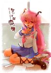  angel_beats! kneeling long_hair makiemon paper pink_hair red_eyes school_uniform serafuku solo yui_(angel_beats!) 