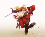  1girl absurdres ahoge beak bird blonde_hair blue_cape blue_eyes blue_gloves boots cape chocobo commission feathers final_fantasy final_fantasy_tactics gloves highres holding holding_reins holding_sword holding_weapon long_hair open_mouth ovelia_atkascha purple_eyes red_feathers reincarnation reins riding riding_animal riding_bird saddle second-party_source smile sword talons tanya_degurechaff weapon xoi youjo_senki 