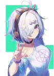  1girl ahoge between_fingers black_choker blue_shirt breasts choker closed_mouth collarbone commentary cross-shaped_pupils fingernails from_above green_background grey_hair hair_ornament hair_over_one_eye hairclip hand_up headphones highres holding holding_mahjong_tile looking_at_viewer mahjong_soul mahjong_tile medium_breasts miimu_(nelreg3) off_shoulder official_alternate_costume oversized_clothes oversized_shirt pentagram purple_eyes shirt short_hair short_sleeves sidelocks solo suzumiya_anju symbol-shaped_pupils upper_body white_background wide_sleeves wristband 