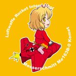  aircraft airplane aki_shizuha blonde_hair blush_stickers chibi commentary iron_cross leaf me_163 military rocket sakurato_tsuguhi short_hair solo swastika touhou world_war_ii yellow_eyes 