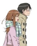  2boys black_hair blush brown_hair crossdressing fang genshiken glasses hato_kenjirou hood jacket long_hair madarame_harunobu male_focus marutei2 multiple_boys open_mouth otaku otoko_no_ko scarf short_hair simple_background 