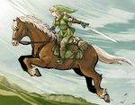  bad_id bad_pixiv_id blonde_hair blue_eyes earrings epona gloves hakobe_(ichiru) hat holding holding_sword holding_weapon horse jewelry left-handed link male_focus pointy_ears shield solo sword the_legend_of_zelda the_legend_of_zelda:_twilight_princess weapon 