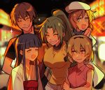  +_+ 1boy 4girls :3 absurdres artist_name balcony black_hairband blonde_hair blurry blurry_background breasts brown_hair commentary english_commentary fang furude_rika green_hair grin hairband hakama hat high_ponytail highres higurashi_no_naku_koro_ni hime_cut houjou_satoko huyandere japanese_clothes maebara_keiichi medium_breasts multiple_girls own_hands_together pink_skirt ponytail red_hakama ryuuguu_rena shirt sidelocks signature skin_fang skirt sleeveless sleeveless_shirt small_breasts smile sonozaki_mion sparkle thumbs_up 