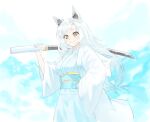  1girl animal_ear_fluff animal_ears blue_background blue_kimono blue_sash blush breasts cowboy_shot fang fishofthelakes floating_hair grin hand_on_own_hip hand_up highres holding holding_sword holding_weapon japanese_clothes katana kimono long_hair long_sleeves looking_at_viewer obi obiage obijime original parted_bangs sash short_eyebrows small_sweatdrop smile solo sword underbust weapon white_hair white_haori wide_sleeves yellow_eyes 