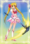  absurdres artist_request bardiche blonde_hair boots bow brooch brown_eyes choker cosplay cure_blossom cure_blossom_(cosplay) dress fate_testarossa hair_ribbon heartcatch_precure! highres jewelry knee_boots long_hair lyrical_nanoha magical_girl mahou_shoujo_lyrical_nanoha mahou_shoujo_lyrical_nanoha_a's mahou_shoujo_lyrical_nanoha_strikers mizuki_nana pink_choker precure ribbon seiyuu_connection solo third-party_edit twintails wrist_cuffs 