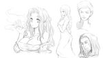  2girls argath_thadalfus beard braid breasts breath cidolfus_orlandeau cleavage dress facial_hair final_fantasy final_fantasy_tactics greyscale hood kara_(color) large_breasts long_hair monochrome multiple_boys multiple_girls ovelia_atkascha pointy_ears reis_duelar 