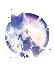  1girl alternate_costume artist_name blue_bow blue_hair bow cirno closed_eyes commentary detached_wings hair_bow highres ice ice_wings interlocked_fingers own_hands_together scarf shoes short_hair siyumu solo sparkle touhou touhou_hero_of_ice_fairy white_scarf wings 