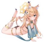  1girl ;) absurdres animal animal_ear_fluff animal_ears arm_support ass barefoot black_panties blonde_hair blue_archive blue_eyes blue_sleeves breasts bug butterfly commentary_request detached_sleeves flower full_body hair_between_eyes hair_flower hair_ornament halo highres legs_up long_sleeves looking_at_viewer mari_(blue_archive) one_eye_closed panties puffy_long_sleeves puffy_sleeves rinringyo see-through see-through_sleeves simple_background small_breasts smile solo underwear white_background white_flower 
