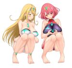  2girls armpit_crease barefoot bikini blonde_hair blush breasts cameltoe closed_mouth collarbone commentary core_crystal_(xenoblade) covered_nipples dangle_earrings earrings english_commentary eyelashes feet feichu_keju full_body gloves gold_trim hair_between_eyes highleg highleg_swimsuit highres huge_breasts jewelry knees_together_feet_apart long_hair looking_down medium_hair multiple_girls mythra_(xenoblade) one-piece_swimsuit own_hands_together panties purple_one-piece_swimsuit pyra_(xenoblade) red_eyes red_hair red_one-piece_swimsuit sidelocks simple_background skindentation skirt smile squatting swept_bangs swimsuit thigh_strap tiara toenails toes underwear variant_set very_long_hair white_bikini xenoblade_chronicles_(series) xenoblade_chronicles_2 yellow_eyes 
