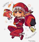  1boy absurdres artist_name blonde_hair blue_eyes commentary dinosaur english_commentary facial_mark freckles frown gloves hat highres holding holding_sack hood hoodie horseshoe huyandere johnny_joestar jojo_no_kimyou_na_bouken male_focus merry_christmas pants red_gloves red_hoodie red_pants sack santa_hat signature star_(symbol) star_print steel_ball_run tusk_(stand) tusk_act1 