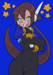  1girl absurdres aile_(mega_man_zx) arm_under_breasts black_bodysuit blue_background blue_jacket blush bodysuit bodysuit_under_clothes breasts brown_hair buzzlyears commentary covered_collarbone covered_navel cropped_jacket fang faux_traditional_media finger_to_mouth glowing green_eyes highres jacket large_breasts long_hair looking_at_viewer mega_man_(series) mega_man_zx mega_man_zx_advent no_pants open_clothes open_jacket ponytail robot_ears simple_background solo star_(symbol) tears teeth 