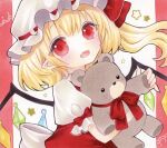  1girl blonde_hair commentary crystal_wings dress fang flandre_scarlet hair_ribbon hat hat_ribbon holding holding_stuffed_toy looking_at_viewer marker_(medium) medium_hair mob_cap open_mouth pinafore_dress pointy_ears puffy_short_sleeves puffy_sleeves red_dress red_eyes red_ribbon ribbon shirt short_sleeves side_ponytail skin_fang sleeve_ribbon sleeveless sleeveless_dress solo stuffed_animal stuffed_toy teddy_bear touhou traditional_media upper_body white_hat white_shirt yuuki_hana_(jtnp5334) 