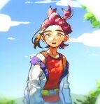  1boy black_hair blue_sky cloud day hi-fi_(fijazzy) jacket kieran_(pokemon) long_sleeves male_focus multicolored_hair off_shoulder open_clothes open_jacket open_mouth outdoors pokemon pokemon_sv purple_hair sky solo sweat tank_top upper_body white_jacket yellow_eyes 