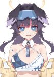 1girl animal_ears bare_shoulders black_hair blonde_hair blue_archive blue_eyes breasts breasts_apart bright_pupils cheerleader collarbone dog_ears extra_ears eyewear_on_head facial_mark hibiki_(blue_archive) hibiki_(cheer_squad)_(blue_archive) highres loah_66 long_hair looking_at_viewer midriff official_alternate_costume open_mouth pom_pom_(cheerleading) ponytail simple_background solo star_(symbol) star_facial_mark sweat wavy_mouth white_background 