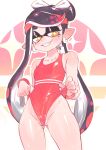  1girl absurdres ass_visible_through_thighs black_hair breasts callie_(splatoon) colo_(nagrolaz) domino_mask earrings fangs grin headband highres jewelry leotard long_hair mask mole mole_under_eye pointy_ears pussy small_breasts smile splatoon_(series) splatoon_1 swept_bangs tentacle_hair twintails wristband yellow_eyes 