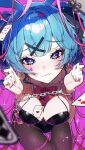  :3 absurdres ace_(playing_card) ace_of_hearts animal_ears bare_shoulders bent_over black_leotard blue_eyes blue_hair blush bow bowtie breasts card cleavage cuffs detached_sleeves fake_animal_ears fishnet_pantyhose fishnets hair_ornament hairband handcuffs hatsune_miku heart heart-shaped_pupils heart_hair_ornament highres large_breasts leotard necktie pantyhose pink_background pink_bow pink_bowtie pink_nails pink_necktie pink_pupils pink_ribbon playboy_bunny playing_card rabbit_ears rabbit_hole_(vocaloid) restrained ribbon seven_of_hearts spaghetti_strap sweat symbol-shaped_pupils twintails vocaloid vvpxo white_hairband x_hair_ornament 