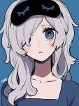  1girl blue_background blue_eyes blush_stickers eyewear_on_head hair_over_one_eye highres long_hair looking_at_viewer maco22 original parted_lips portrait sleep_mask solo square_neckline white_hair 
