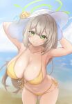  1girl armpits arms_up bikini blue_archive blue_background blush breasts collarbone commentary_request cowboy_shot green_eyes grey_hair groin hat highres large_breasts long_hair looking_at_viewer mameppu navel nonomi_(blue_archive) smile solo standing stomach sun_hat swimsuit thighs very_long_hair white_hat yellow_bikini 