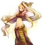  :d arm_up armpits blonde_hair breasts brown_eyes dancer dancer_(fft) final_fantasy final_fantasy_tactics groin halter_top halterneck kara_(color) long_hair medium_breasts midriff navel open_mouth smile solo 