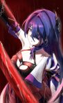  1girl absurdres acheron_(honkai:_star_rail) arm_up armor black_choker breasts chain_around_arm choker cleavage hair_ornament highres holding holding_sword holding_weapon honkai:_star_rail honkai_(series) katana long_hair looking_at_viewer parted_lips purple_eyes purple_hair rain shoulder_armor single_bare_shoulder standing sword twig_imokenpi weapon 