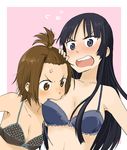  akiyama_mio alternate_hairstyle anger_vein angry bad_id bad_pixiv_id biting blue_bra blush bra breast_biting breast_envy breasts high_ponytail k-on! kumichou_(kumichoubox) large_breasts lingerie multiple_girls open_mouth round_teeth sweatdrop tainaka_ritsu teeth underwear veins wavy_mouth yuri 