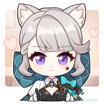  1girl :| animal_ear_fluff animal_ears aqua_bow black_gloves black_leotard blurry blurry_background bow breasts brown_bow cat_ears chibi cleavage closed_mouth collared_shirt dot_nose facial_mark fanged_bangs genshin_impact gloves hair_bow hands_up heart jiu_fanglianhua juliet_sleeves leotard light_brown_hair long_sleeves looking_at_viewer lynette_(genshin_impact) multicolored_hair outside_border puffy_sleeves purple_eyes shirt shirt_bow sidelocks single_hair_intake star_(symbol) star_facial_mark streaked_hair thumbs_up two-tone_gloves upper_body white_gloves white_shirt 