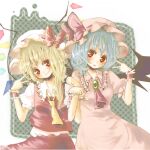  2girls adapted_costume ascot bat_wings blonde_hair blue_hair bow breasts brooch closed_mouth collared_shirt cowboy_shot dress flandre_scarlet frilled_shirt_collar frills green_brooch hat hat_bow hat_ribbon head_tilt jewelry light_smile looking_at_viewer mob_cap multicolored_wings multiple_girls nail_polish open_mouth pink_dress pink_hat puffy_short_sleeves puffy_sleeves red_ascot red_eyes red_nails red_ribbon red_skirt red_vest remilia_scarlet ribbon ribbon-trimmed_headwear ribbon_trim shirt short_sleeves siblings sisters skirt small_breasts touhou umi_(umi02) vest white_hat white_shirt wings wrist_cuffs yellow_ascot 