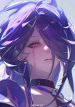  acheron_(honkai:_star_rail) black_choker blood blood_from_eyes choker earrings glowing glowing_eye hair_over_one_eye highres honkai:_star_rail honkai_(series) jewelry long_hair parted_lips portrait purple_eyes purple_hair quemenxue simple_background single_earring solo weibo_logo weibo_watermark 