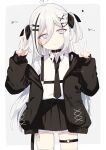  1girl :o absurdres ahoge black_bow black_choker black_jacket black_necktie black_ribbon black_skirt bow choker collared_shirt commentary_request double_v earrings grey_background grey_eyes grey_hair hair_between_eyes hair_bow hair_ornament hair_ribbon hairclip hands_up head_tilt heart heart_o-ring highres jacket jewelry long_hair long_sleeves looking_at_viewer multicolored_hair necktie off_shoulder open_clothes open_jacket original parted_lips pleated_skirt puffy_long_sleeves puffy_sleeves ribbon shirt signature skirt sleeves_past_wrists sofra solo standing streaked_hair thighhighs translation_request twitter_username two-tone_background two_side_up v very_long_hair white_background white_shirt white_thighhighs x_hair_ornament 