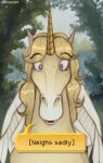 adora_(marsminer) dialogue equid equine female feral forest horn horse mammal marsminer mythological_creature mythological_equine mythology pegasus plant solo tree unicorn wings